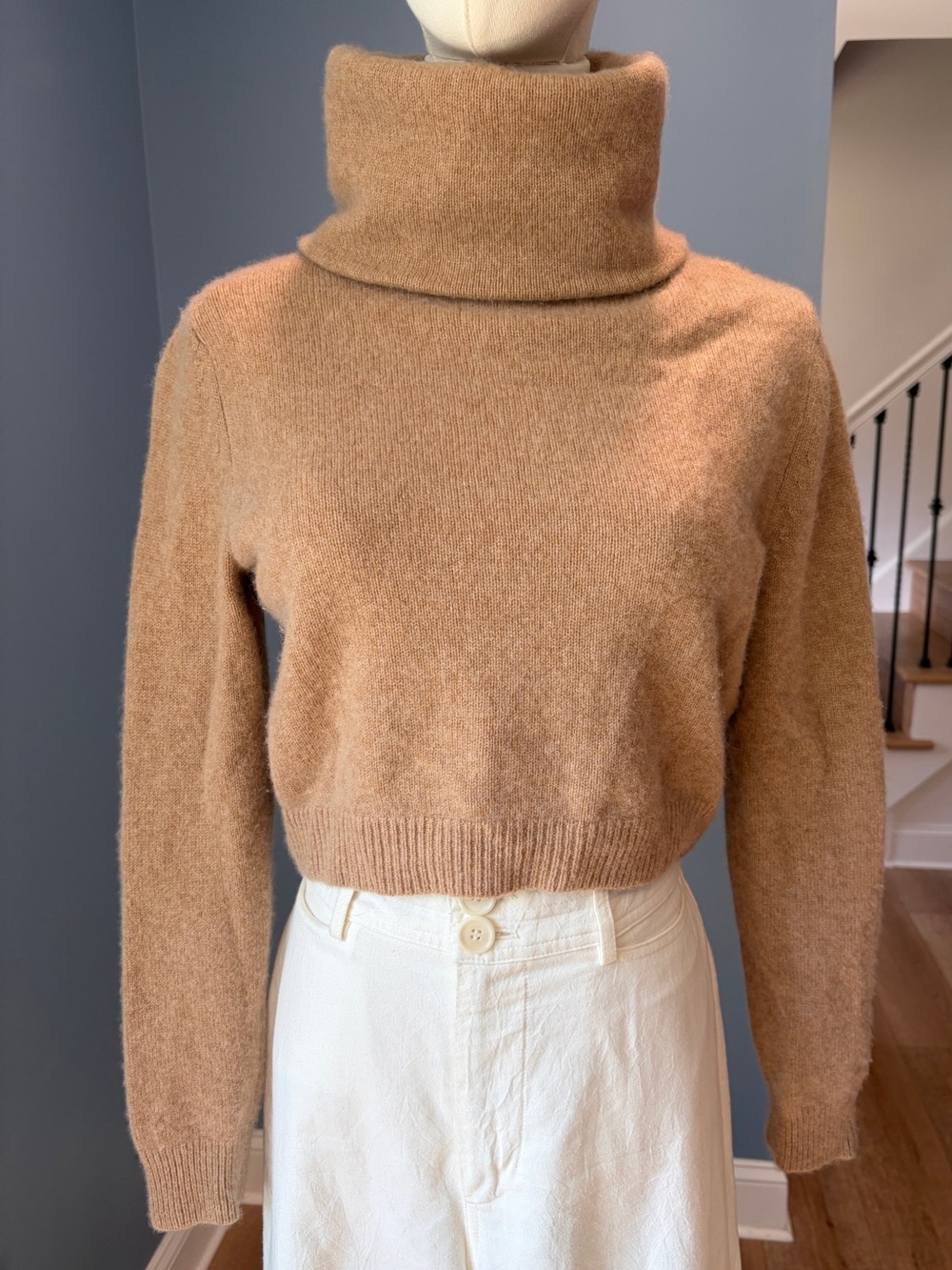 Polo Ralph Lauren 100% Cashmere Cropped Turtleneck Sweater Camel Tan M